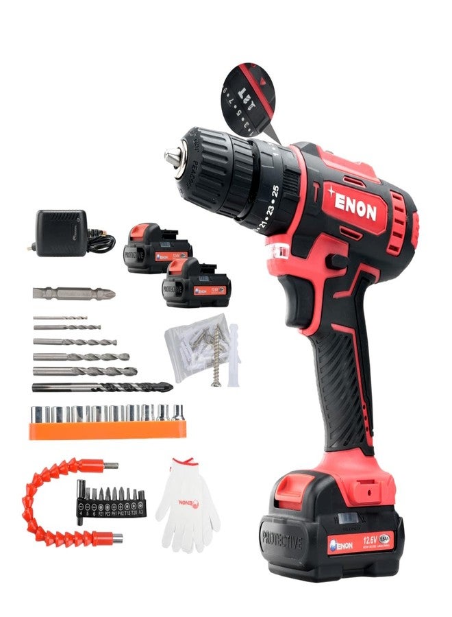 Enon Cordless Impact Drill for Home Use, 12.6V, 1500RPM, 22NM Torque, Keyless Chuck 10mm, 25 Level Torque, 2 Speed Modes, 3 Functions, Magnetic Base, 2x1.5Ah Batteries, 82 Pcs Drill Kit (XE-CD1610) - Image 1